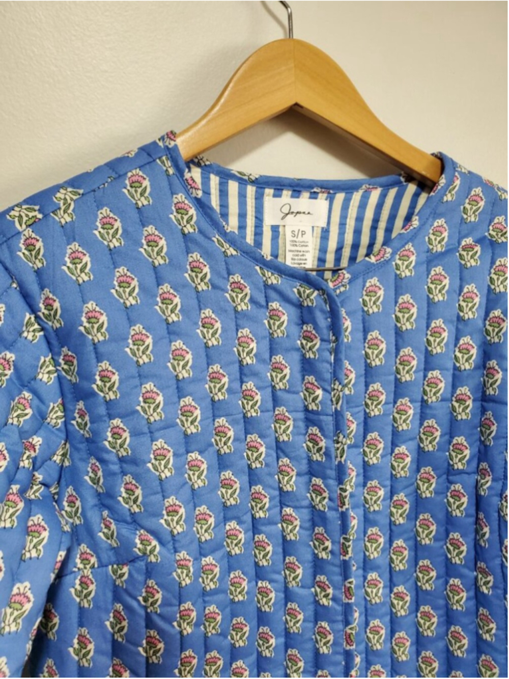 JAPNA Quilted Cotton Floral Jacket Blue Small Block Print Hook Front Cottagecore - Picture 3 of 14